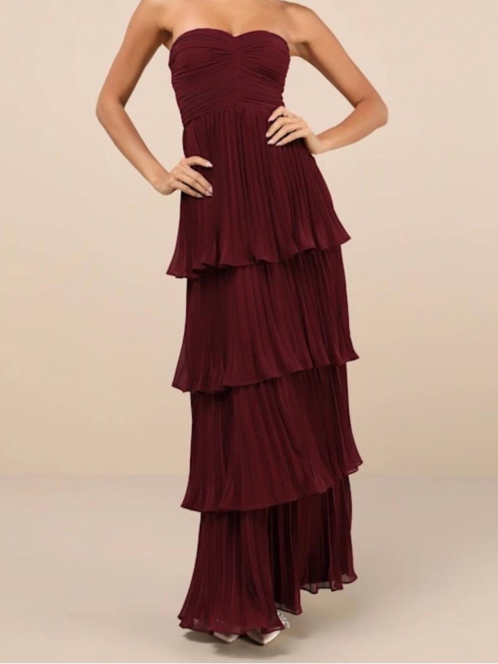 Lulu's Burgundy Strapless Tiered Chiffon Gown